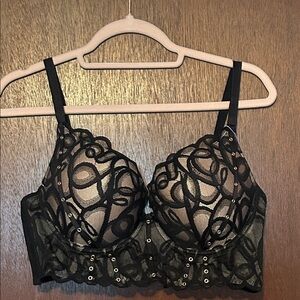 Black Embroidered Longline Lace Bra with Decorative Eyelets